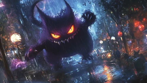 Ghost-like creature traverses rain-soaked neon city street