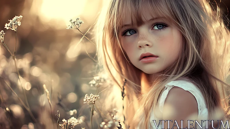 Golden-lit reverie: Young dreamer amid ethereal wildflowers.