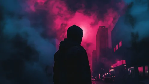 Hooded silhouette in neon magenta fog over cyber cityscape.