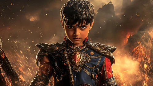 Young firelit warrior prince standing in glowing armor.