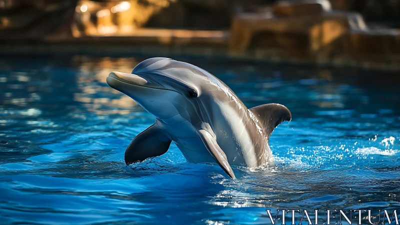 Bottlenose dolphin rising from vivid blue pool water.
