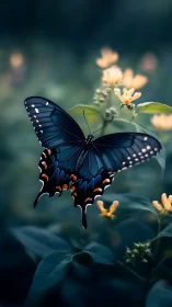 Midair butterfly drifts gently above soft yellow garden blooms