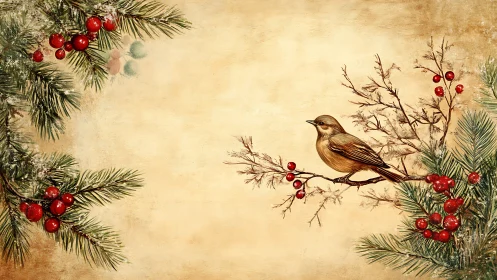 Songbird perches on winter berries against vintage parchment