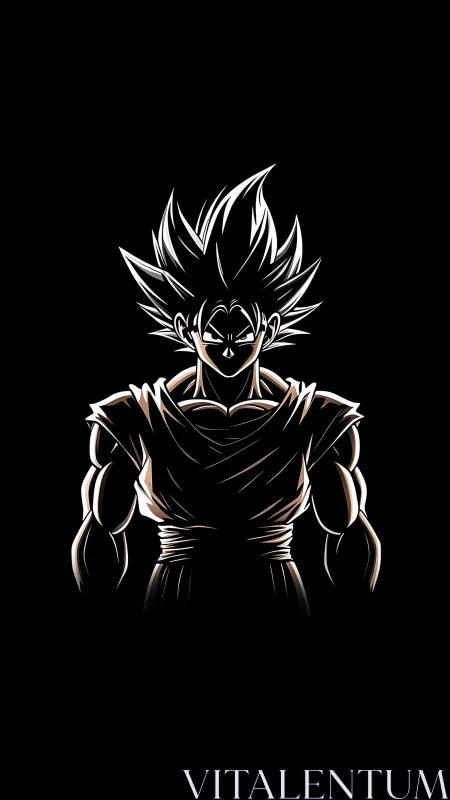 Muscular anime warrior silhouette glows against black field.