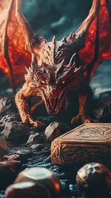 Winged reptilian creature stands over engraved stone object