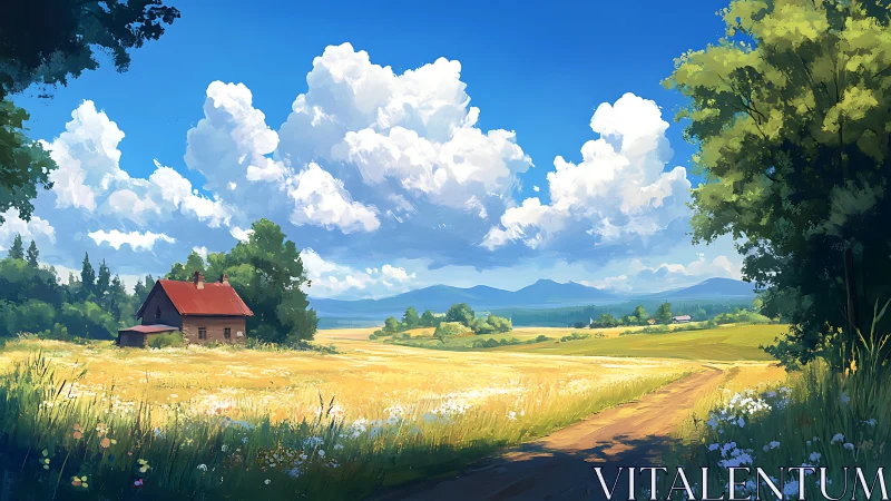 Sunlit country fields stretch toward distant blue mountains