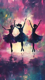 Silhouetted ballerinas ascend amid prismatic impasto light fields