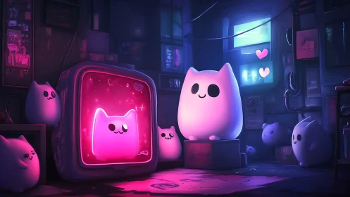 Neon Cat Characters in Cyberpunk Digital Environment.