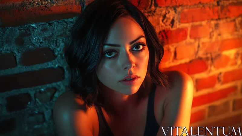 Cinematic portrait in warm rim light against textured brick wall