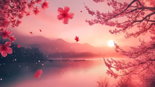 Backlit cherry blossoms frame misty lake at saturated sunset glow