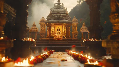 Golden stone temple sanctum with illuminated seated deity at dusk