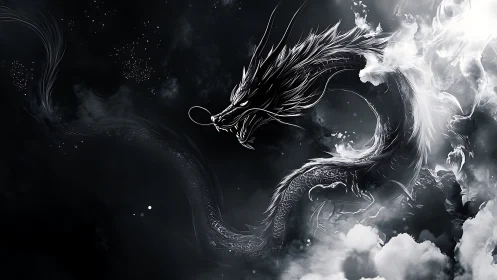 Majestic celestial dragon swirling through silver storm clouds.