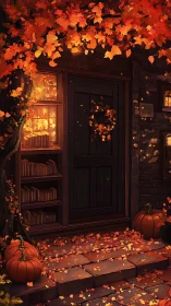 Autumn-lit doorway with pumpkins, bookshelves and falling leaves.