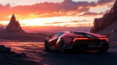 Futuristic red supercar waits on alien desert highway at dusk