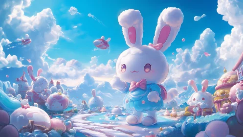Cumulus bunny megastructure in pastel aerostat village.