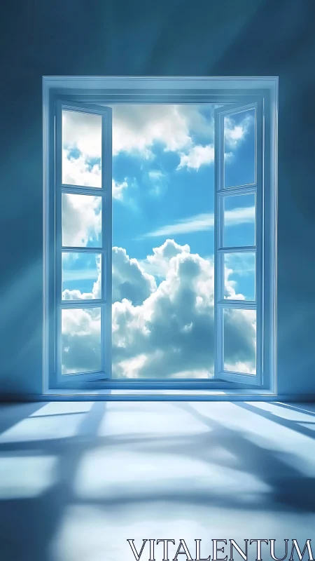 Open blue window frames luminous drifting cloudscape.