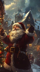 Santa Claus in snowy village street under warm lights.