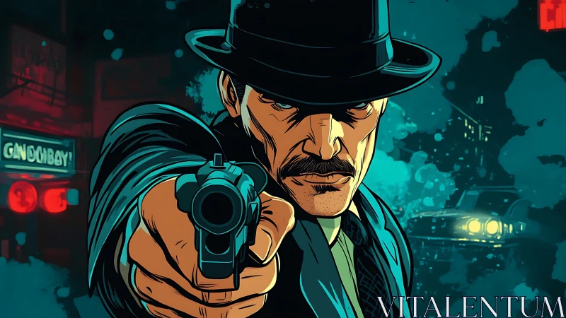 Noir ballistics convergence: vector-framed gunman portrait.