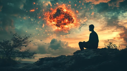 Silhouetted observer analyzing suspended stellar fire cloud.