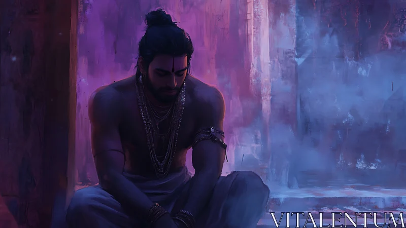 Meditative warrior in violet dusk-lit temple corridor.