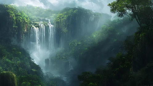 Cascading Waterfall Through Misty Green Canyon.