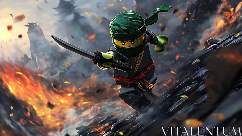 Toy ninja sprints through blazing battlefield of falling ash.