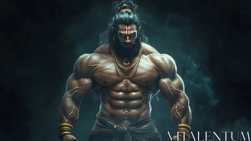 Divine warrior ascends from shadow, carved in thunderous light.