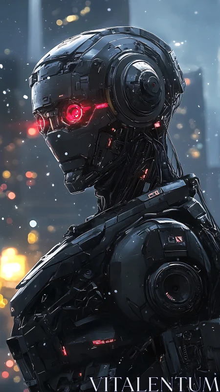 Cybernetic combat android with red optic core in snowfall