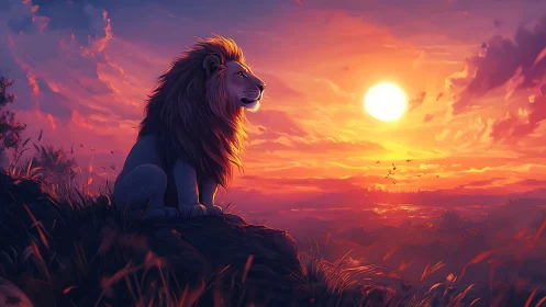 Sunset crown over the watchful lion of the painted savanna.