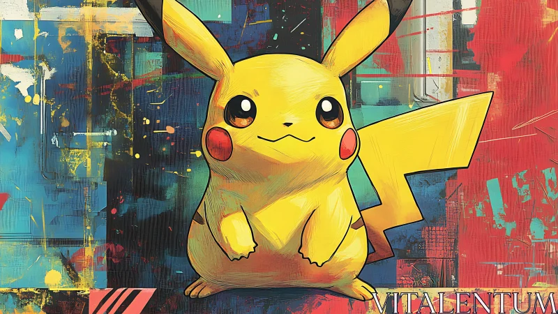 Pikachu stands centered against colorful abstract background