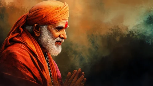 Elderly spiritual man in orange robes against moody sky