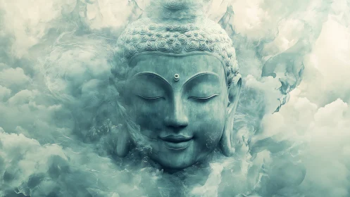 Serene stone Buddha head emerges from swirling celestial mist