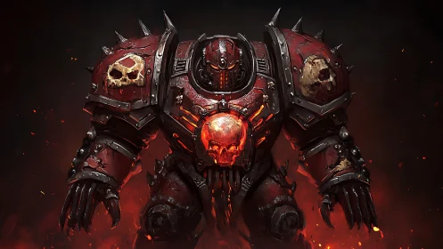 Armored war mech advances through embers with infernal skull heraldry