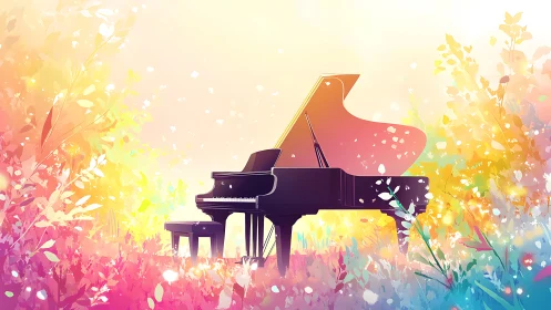 Grand piano in luminous pastel meadow with diffuse flora glow
