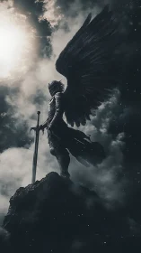 Dark winged guardian stands vigilant above stormlit clouds