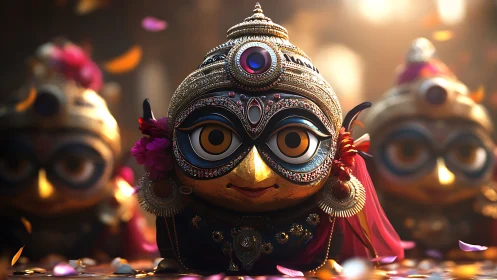 Ornate deity-inspired figurine glows amid festive petals