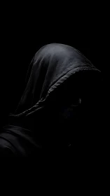 Shadowed hooded figure resting in quiet darkness.