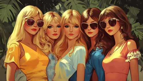 Five women in sunglasses stand closely together outdoors