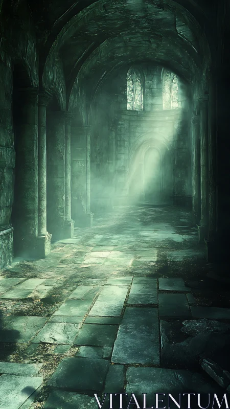 Volumetric light in ruined gothic nave with mossy stone floor