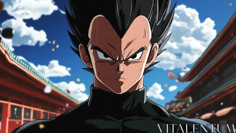 Anime warrior portrait stands centered in bright courtyard