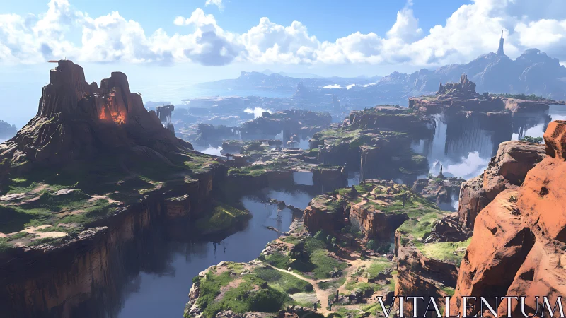 Panoramic Fantasy Landscape with Geological Mesa Formations and Waterway Networks.