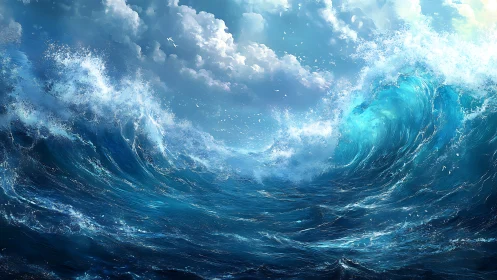 Storm waves crash under luminous clouds in turbulent sea