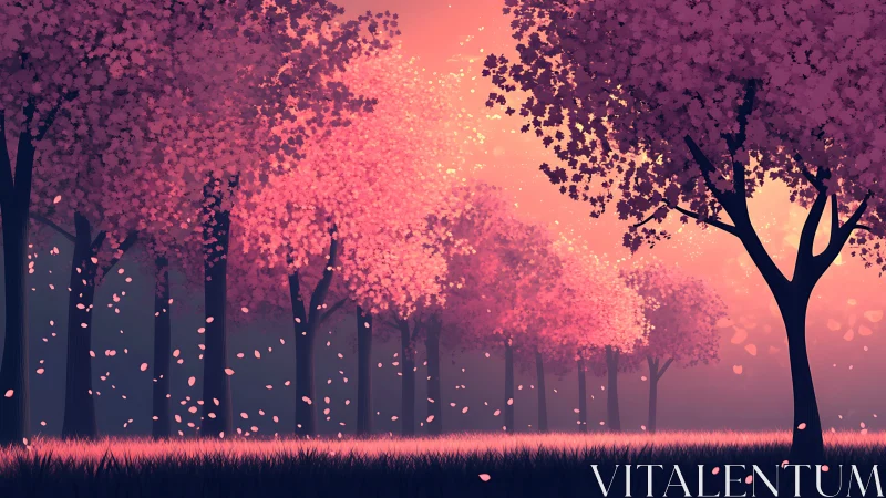 Soft sunset drifts through dreamy rows of pink blossom trees