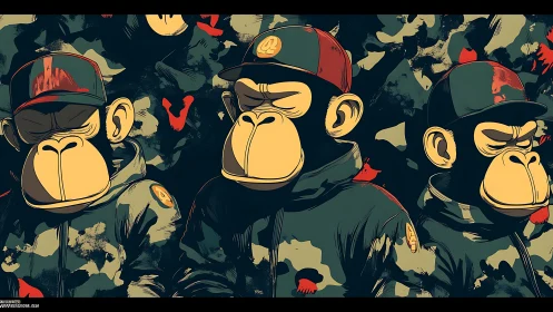 Uniformed cartoon primates stand in patterned jackets and caps