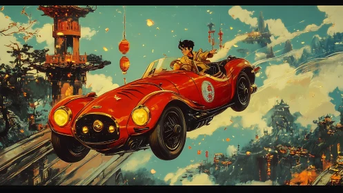 Red flying roadster with young driver over fantasy city.