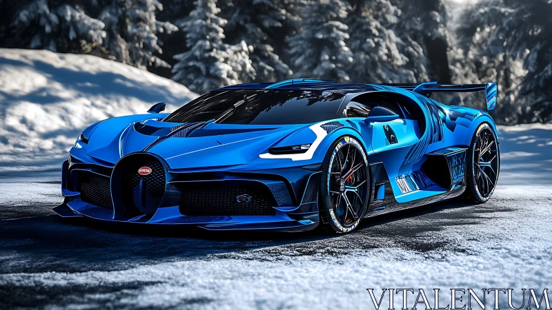 Electric blue hypercar cuts through snowy forest sunlight