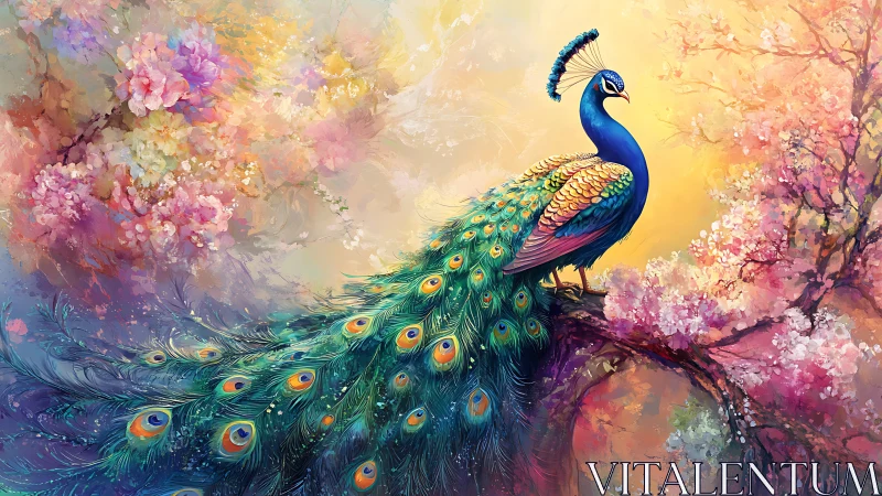 Radiant peacock resting among dreamy pastel spring blossoms.