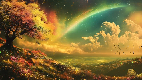 Celestial meadow dreaming beneath a flaming aurora sky.