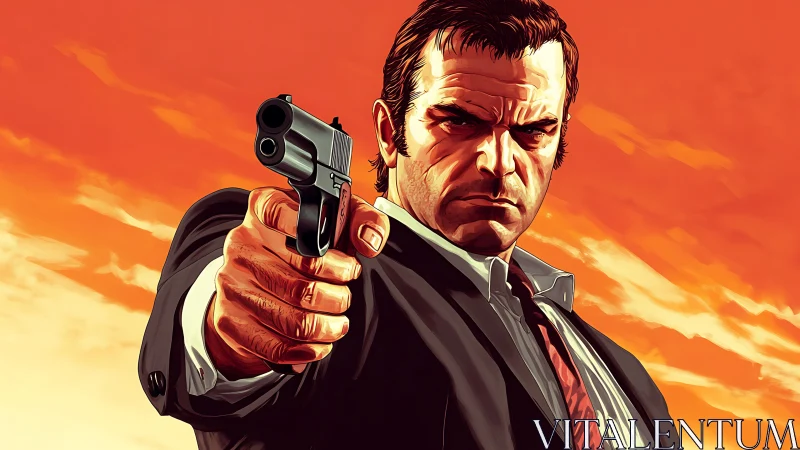 Perspective-foreshortened gunman rendered in stylized digital painting