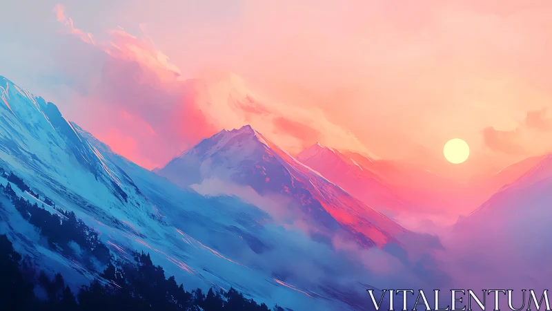 Vibrant pink sunset over stylized snow covered mountains.
